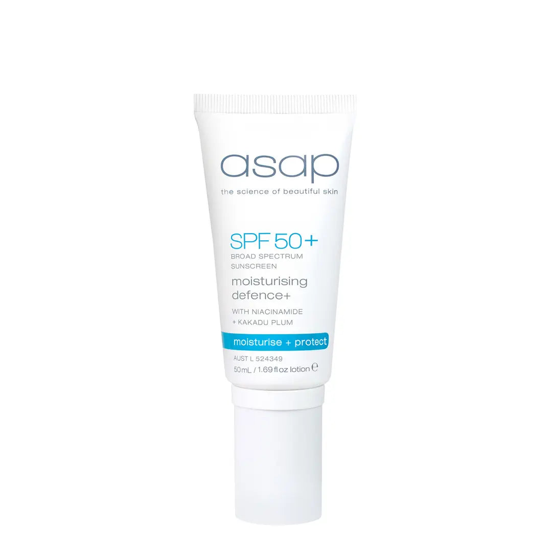 asap SPF 50+ Moisturising Defence+ sunscreen 50ml tube with niacinamide and kakadu plum