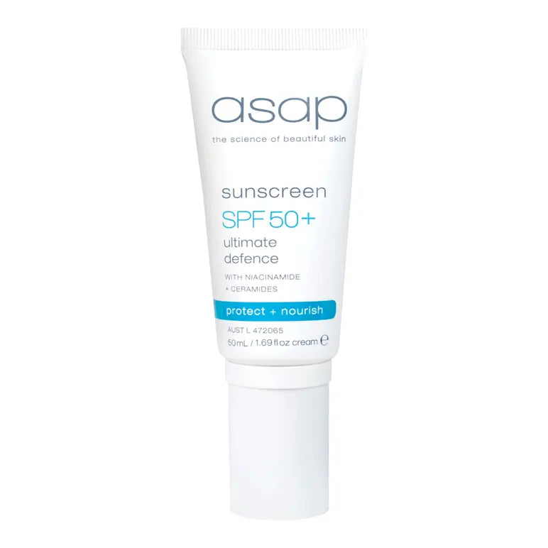 asap SPF 50+ Ultimate Defence sunscreen 50ml tube with niacinamide and ceramides