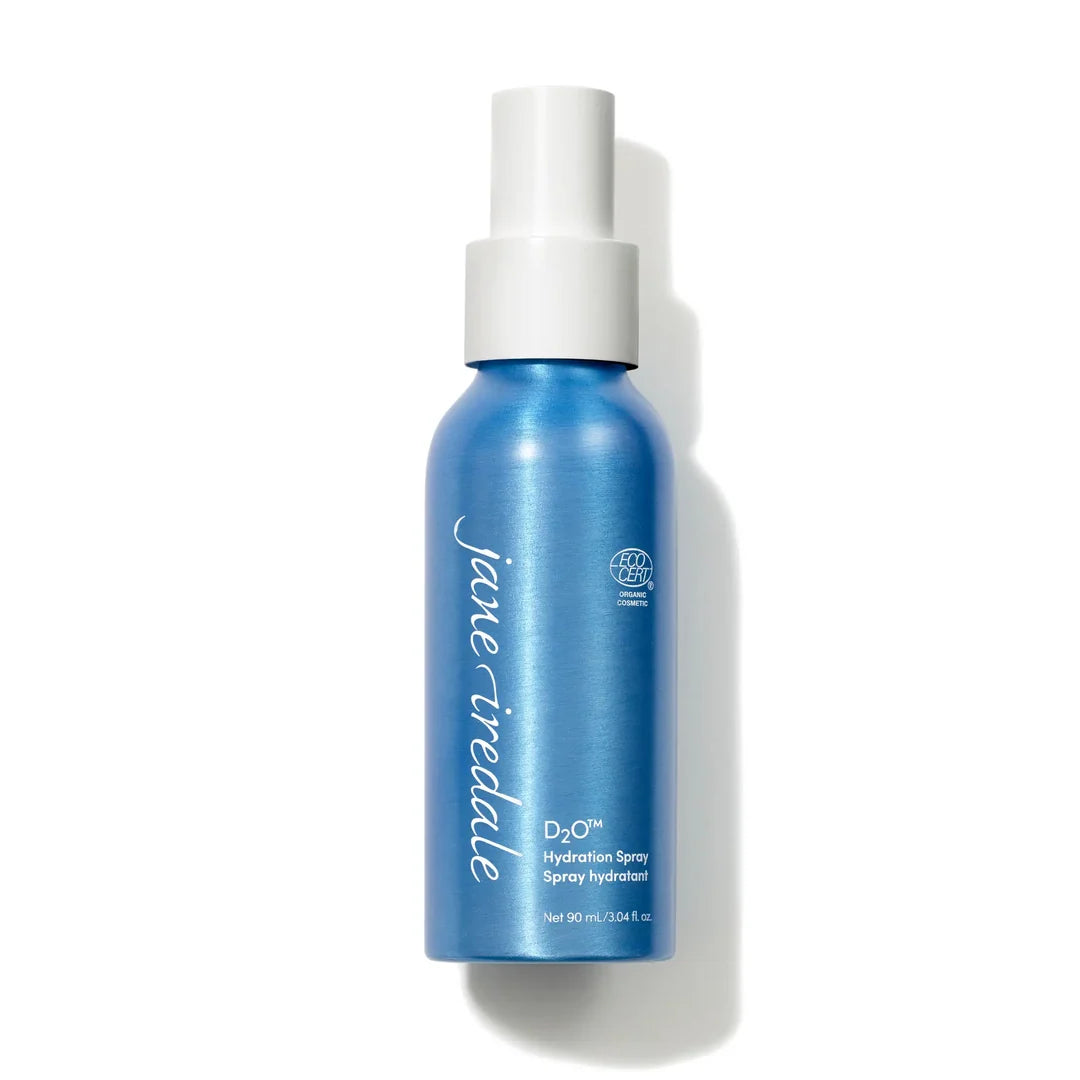 Blue jane iredale D2O Hydration Spray bottle with a white spray pump on a white background.
