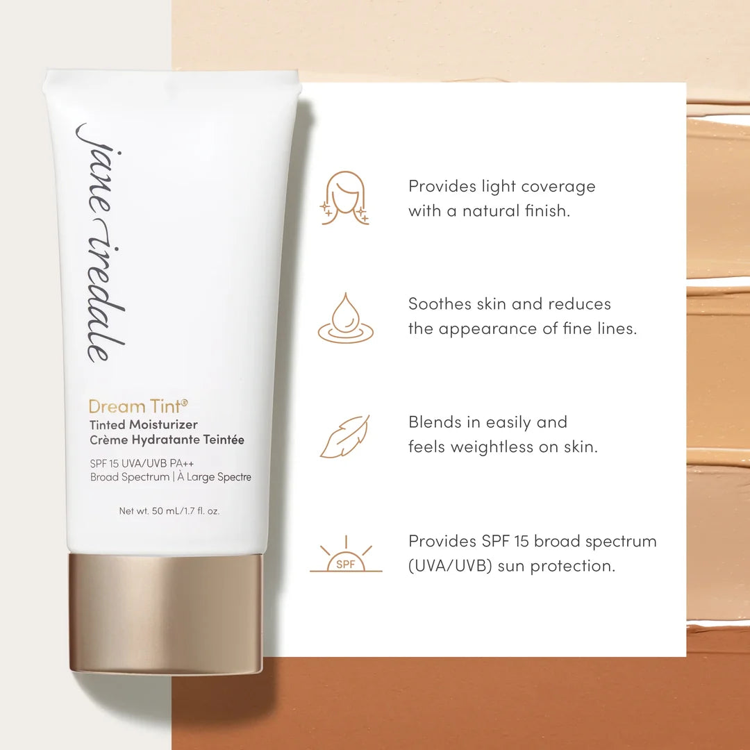 jane iredale Dream Tint tube beside a graphic describing light coverage, a natural finish, lightweight texture and SPF 15 protection.