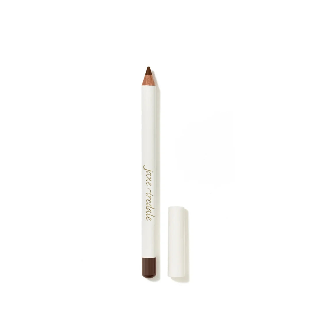 jane iredale Eye Pencil in Basic Brown, shown sharpened beside its white cap on a white background.