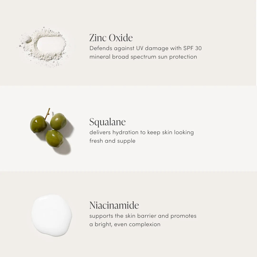 jane iredale Glow Fixation ingredient graphic featuring zinc oxide, squalane and niacinamide with descriptions of their roles.