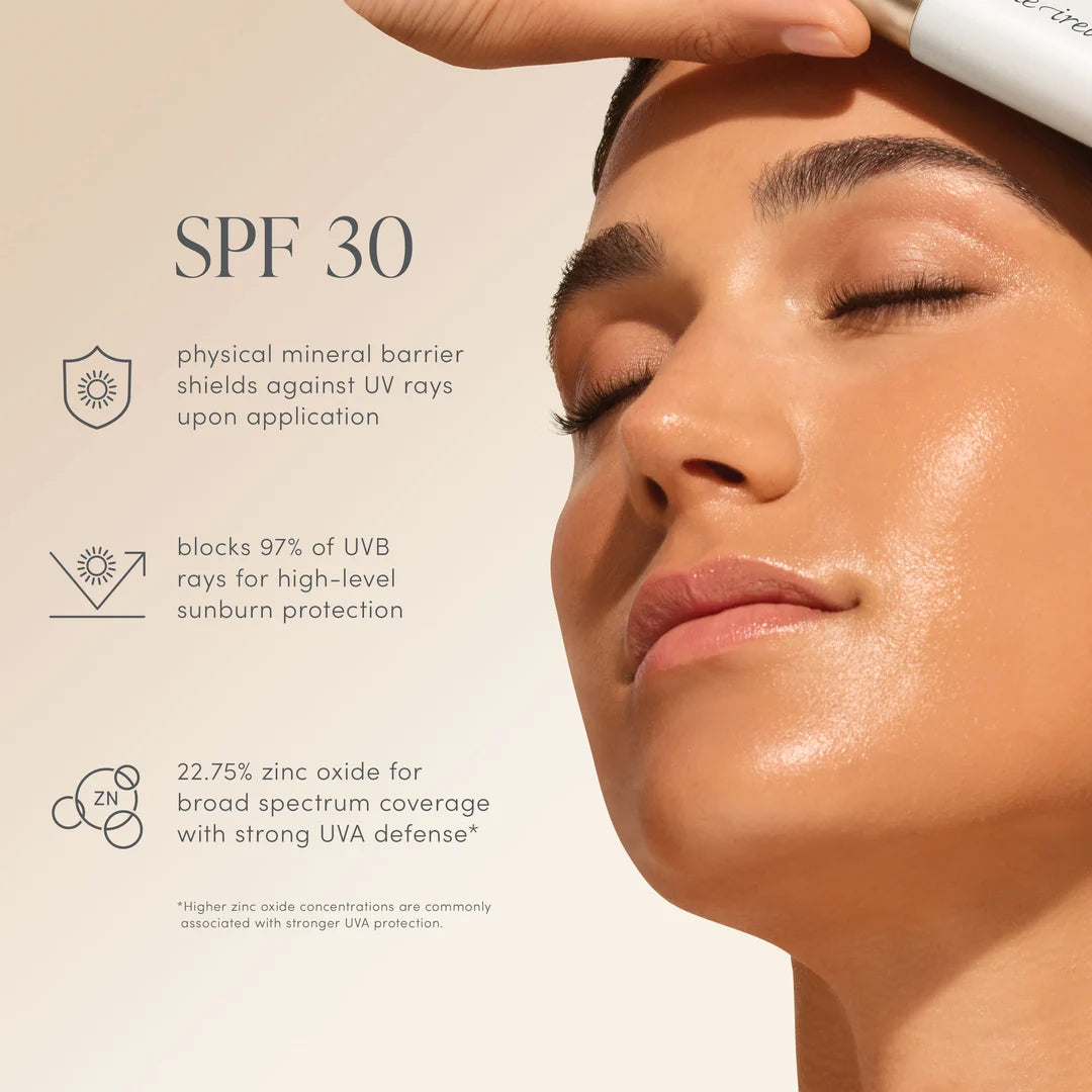 jane iredale Glow Fixation SPF 30 graphic showing a model beside information about mineral sun protection and zinc oxide.