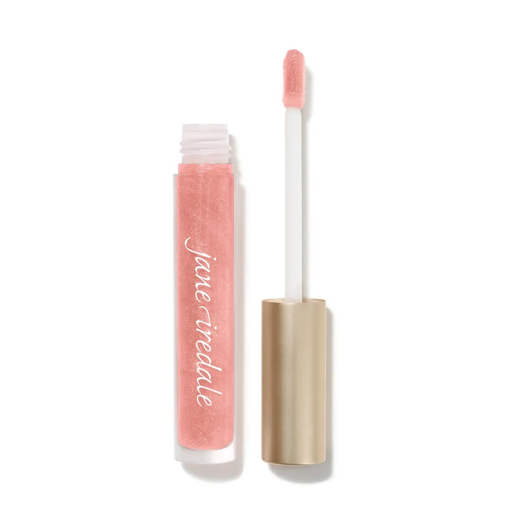 jane iredale HydroPure Hyaluronic Lip Gloss in Pink Glace, shown in a clear tube beside its wand and gold-toned cap.