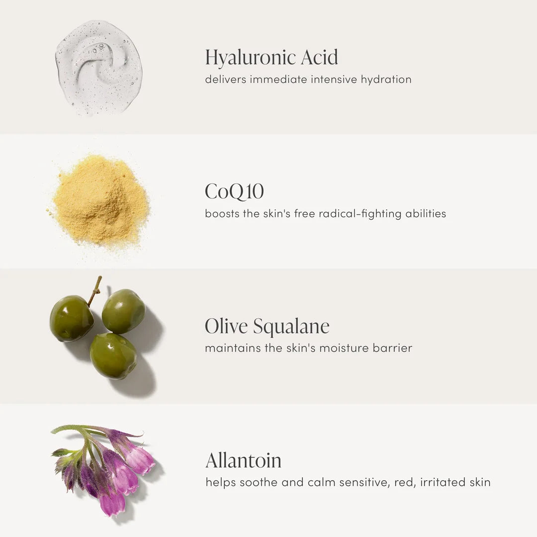 jane iredale HydroPure Tinted Serum ingredient graphic featuring hyaluronic acid, CoQ10, olive squalane and allantoin.
