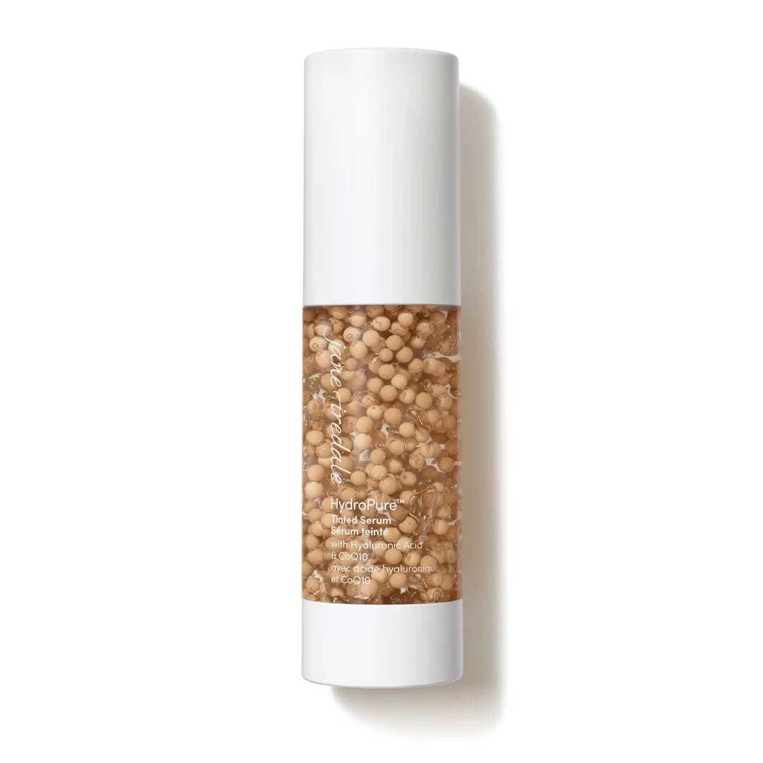  jane iredale HydroPure Tinted Serum in Light 2, showing suspended tinted beads in a clear bottle with a white cap and base.