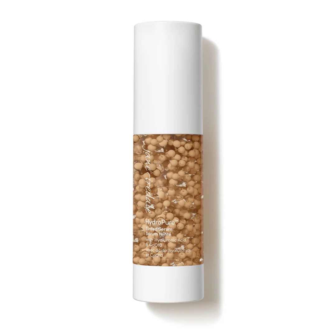 jane iredale HydroPure Tinted Serum in Light to Medium 3, showing suspended tinted beads in a clear bottle with a white cap and base.