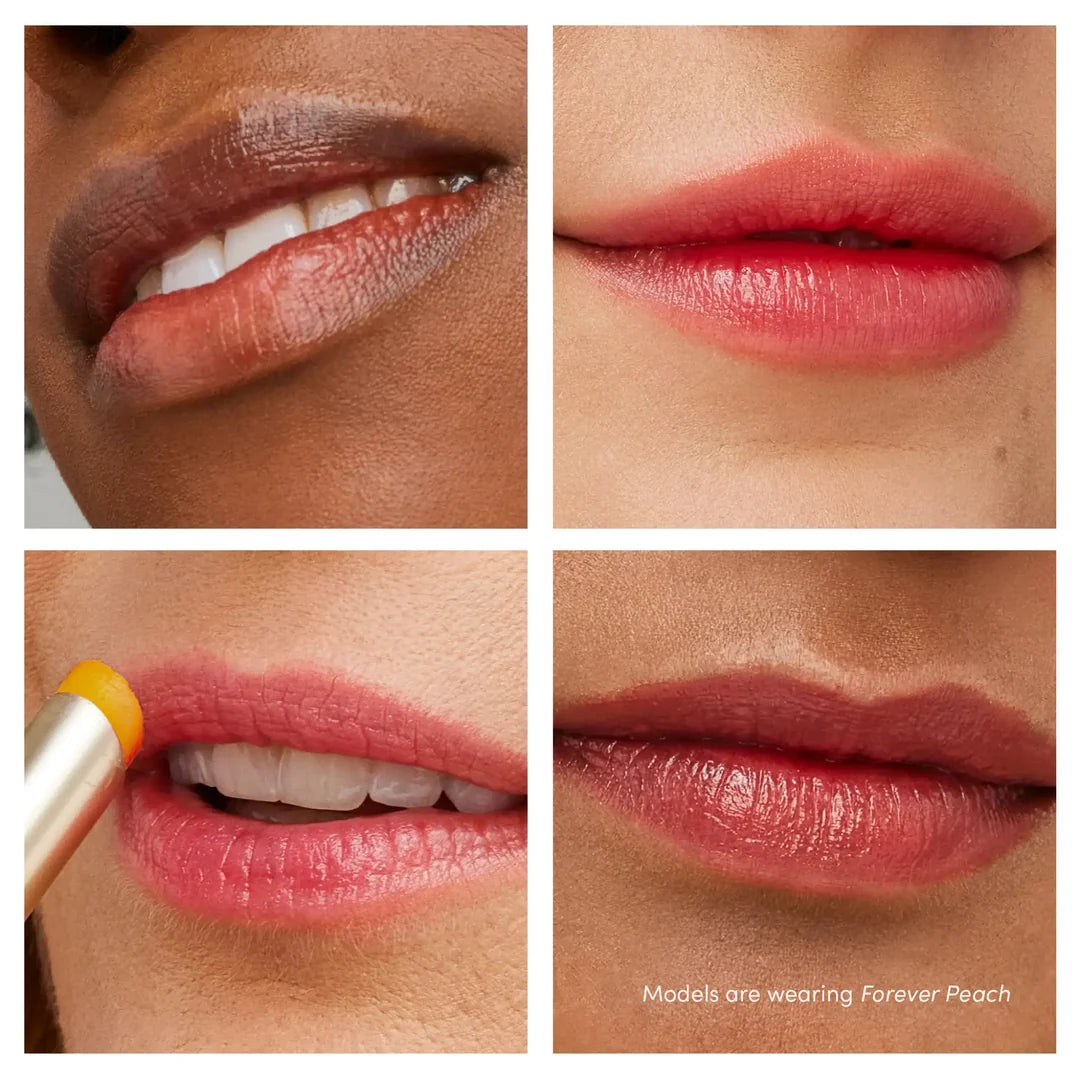 Four close-up lip photographs showing jane iredale Just Kissed Forever Peach on different skin tones, including an application image.
