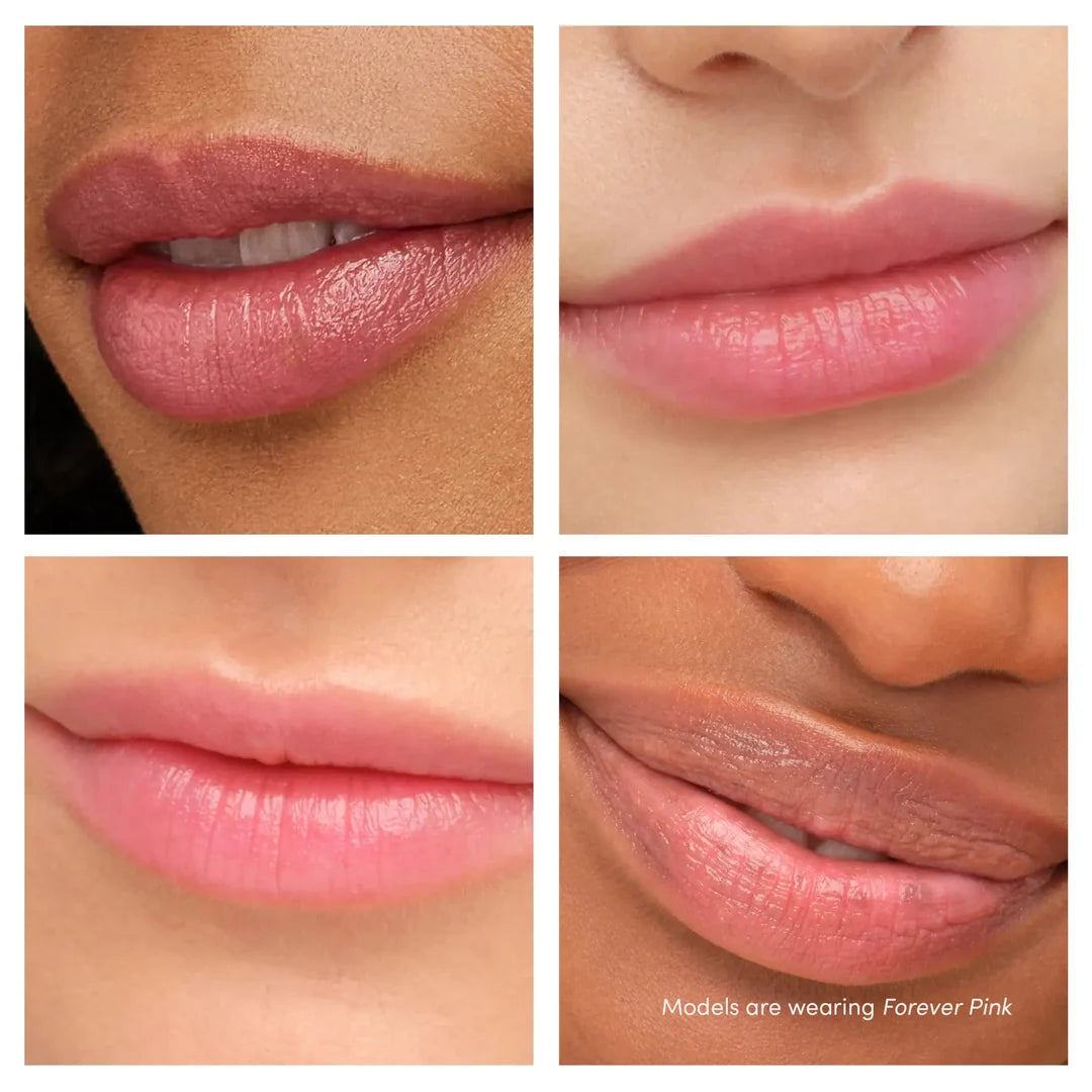Four close-up lip photographs showing jane iredale Just Kissed Forever Peach on different skin tones, including an application image.