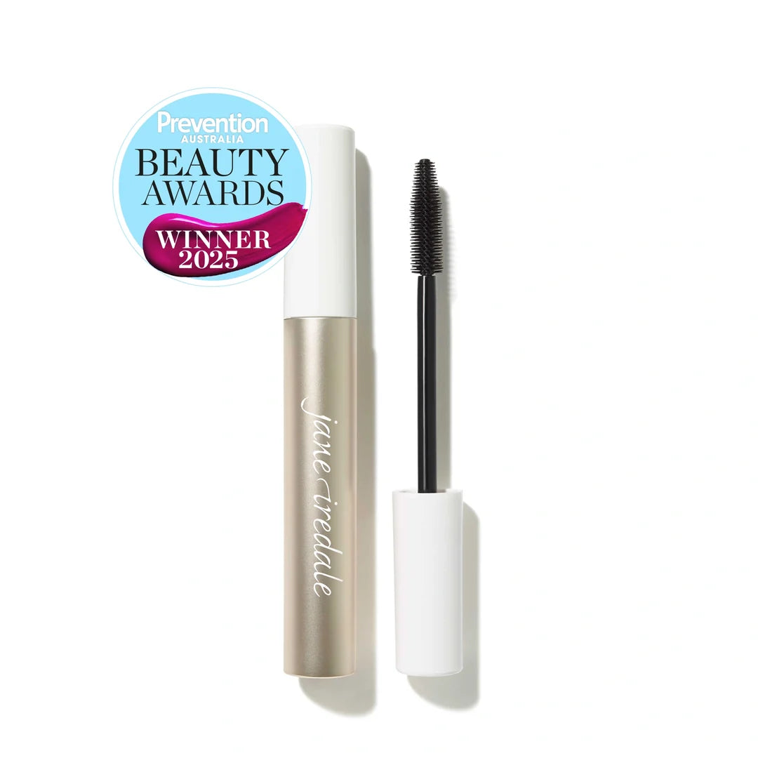 jane iredale Lash Fixation mascara tube and wand beside a Prevention Beauty Awards Winner 2025 badge.