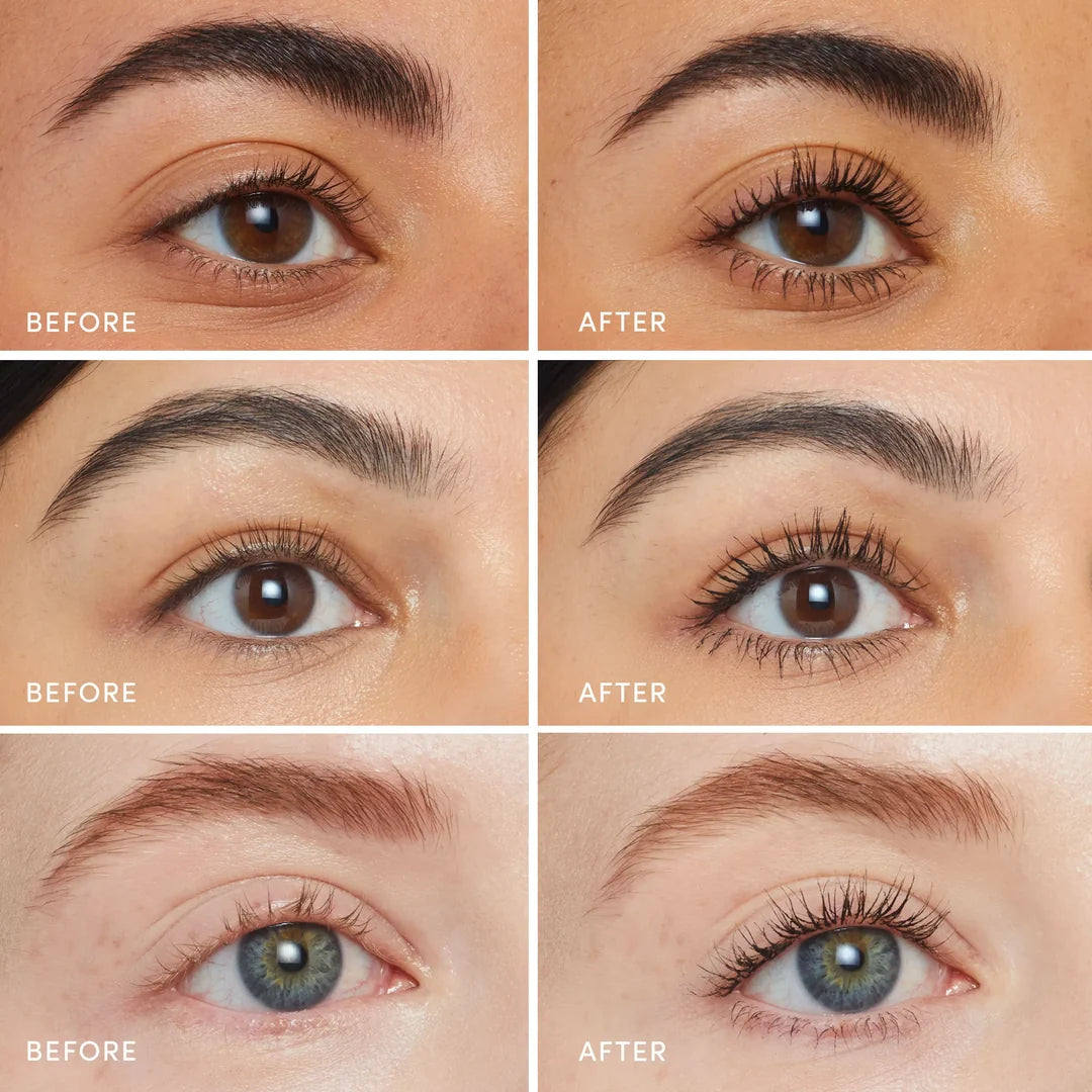 Three pairs of eye photographs showing lashes before and after applying jane iredale Lash Fixation mascara.