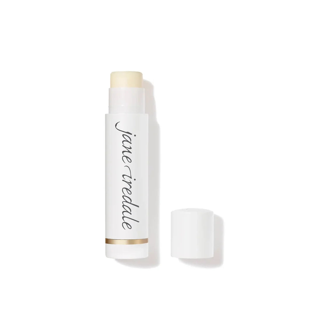 jane iredale LipDrink Lip Balm in Sheer, shown uncapped in a white tube beside its lid on a white background.
