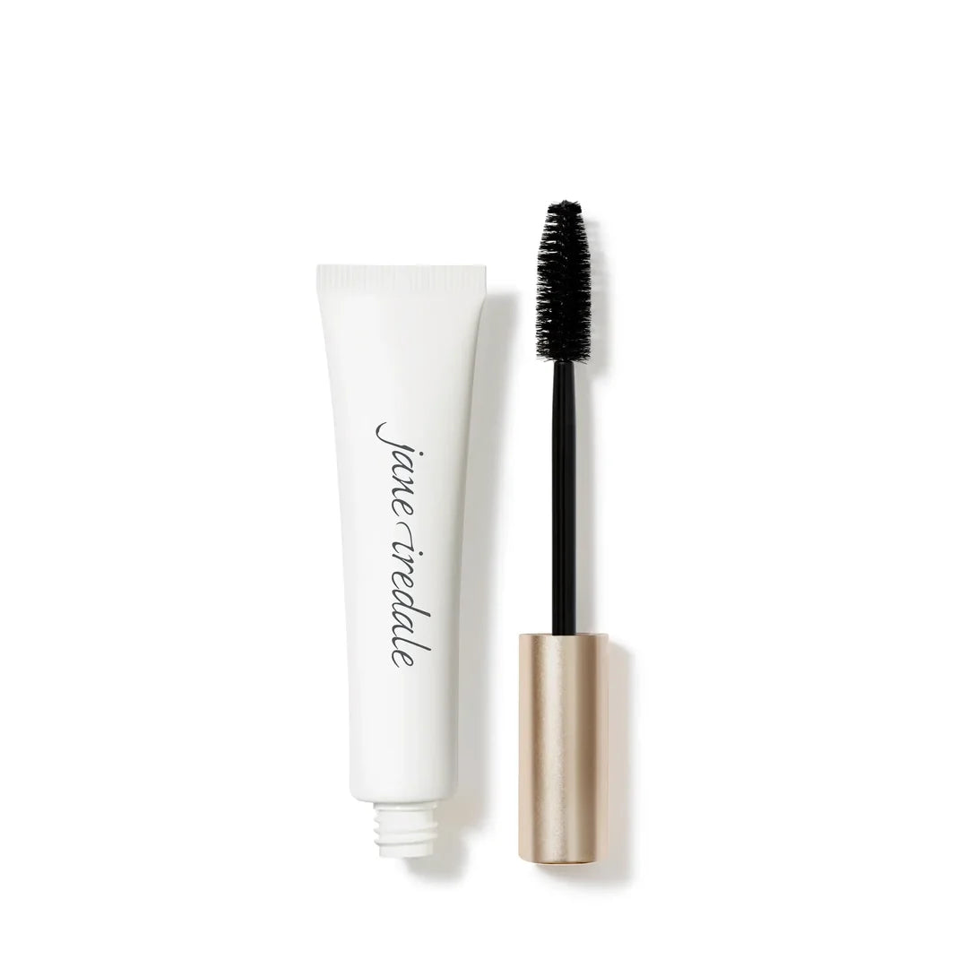 Open jane iredale Longest Lash mascara tube beside its black bristle wand and gold-toned cap.