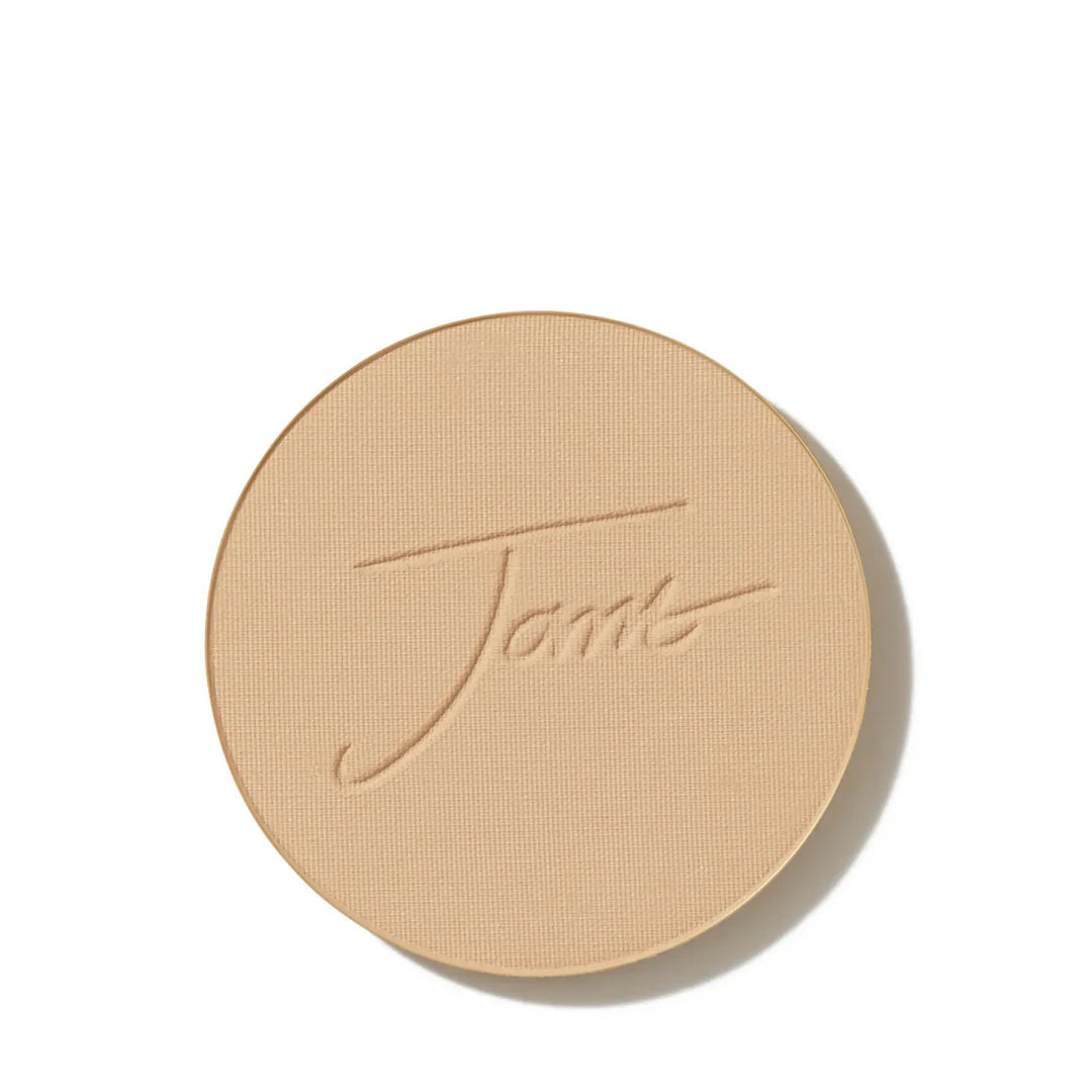 jane iredale PurePressed Base mineral foundation refill in Golden Glow, showing the round pressed powder pan with an embossed Jane logo.