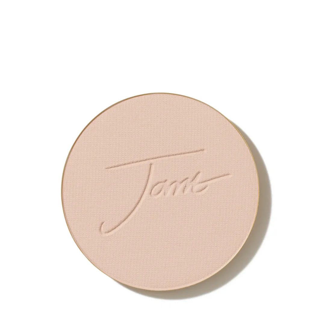 jane iredale PurePressed Base mineral foundation refill in Satin, showing the round pressed powder pan with an embossed Jane logo.