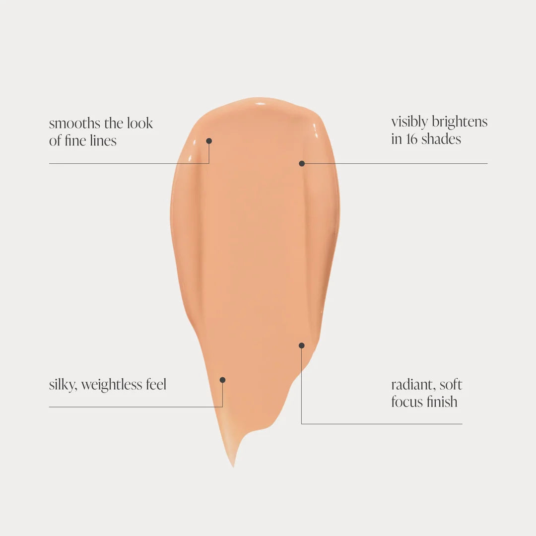 jane iredale Skintuition Concealer benefits graphic describing a silky lightweight feel, radiant soft-focus finish and 16 shades around a product swatch.
