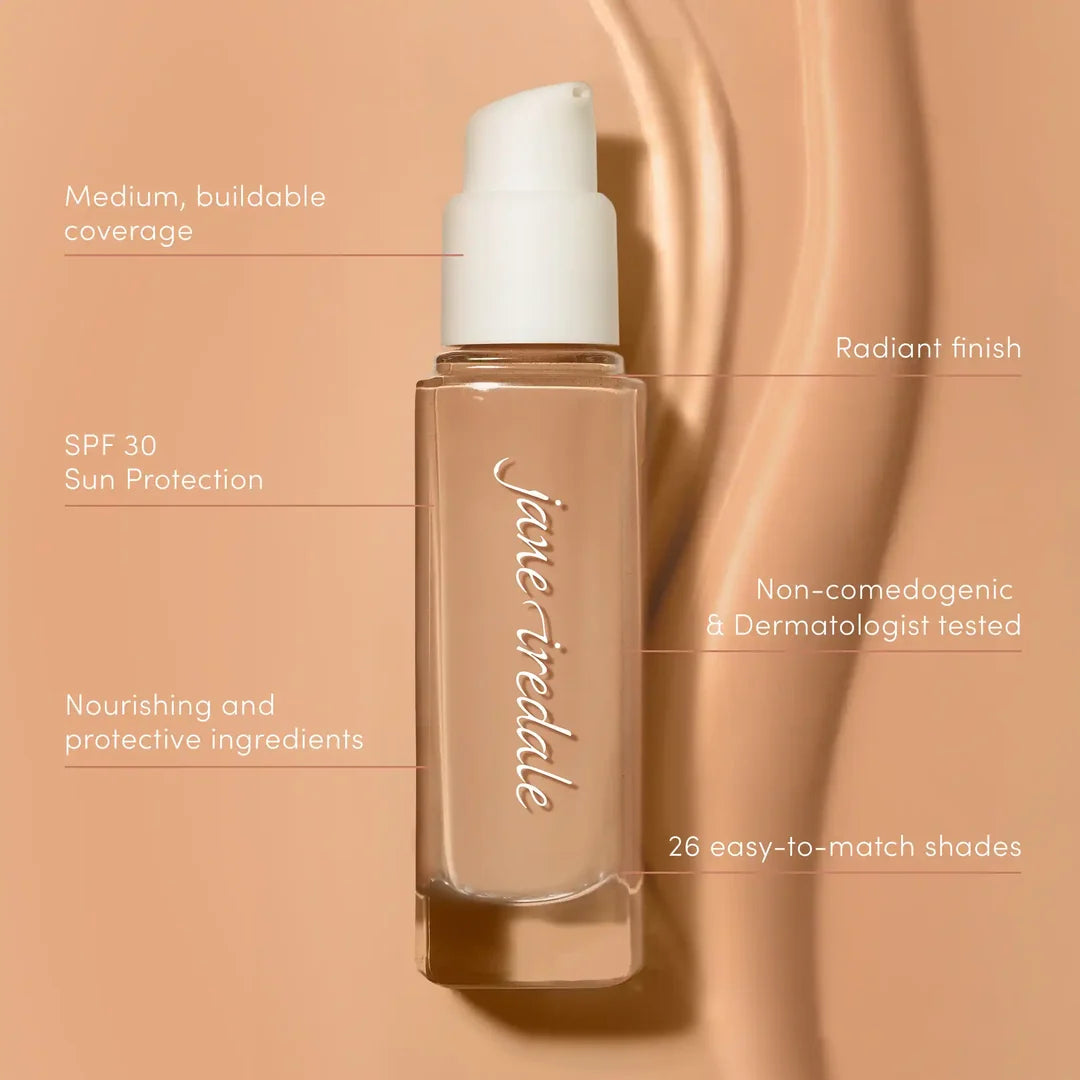jane iredale Skintuition pump bottle beside a benefits graphic describing medium buildable coverage, a radiant finish, SPF 30 and 26 shades.