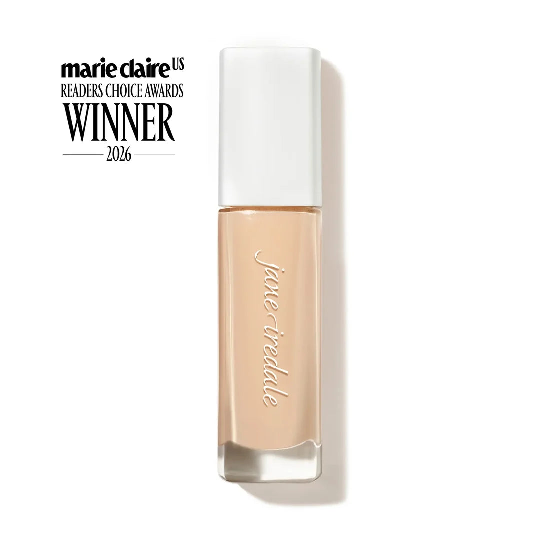 jane iredale Skintuition liquid foundation bottle beside a Marie Claire US Readers Choice Awards Winner 2026 badge.
