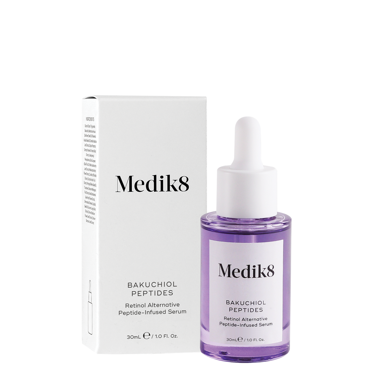 Medik8 Bakuchiol Peptides Retinol Alternative Serum shown with its white outer box and a clear glass dropper bottle containing purple liquid, on a plain white background.