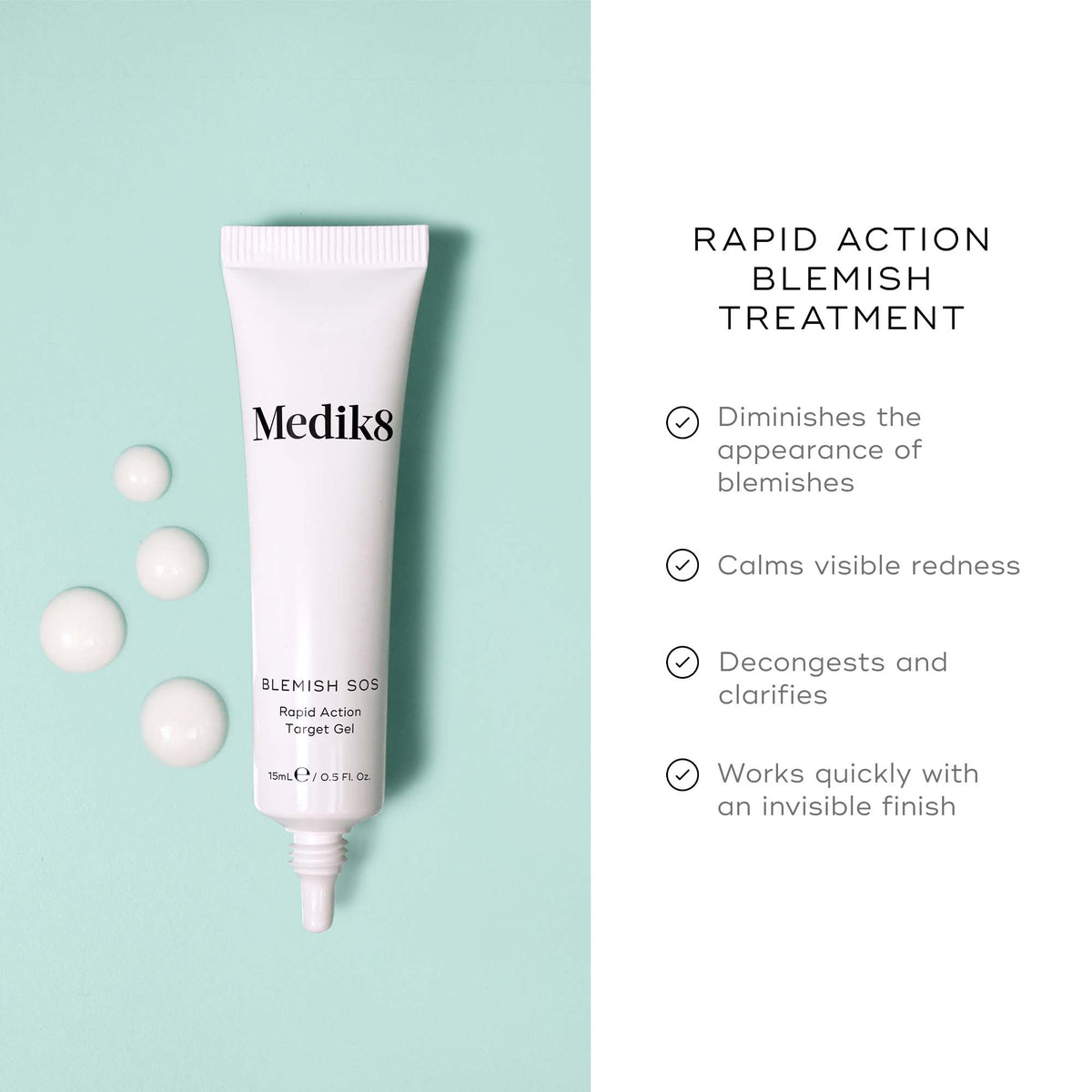 Medik8 Blemish SOS tube and gel droplets beside a product benefits graphic on a mint and white background.