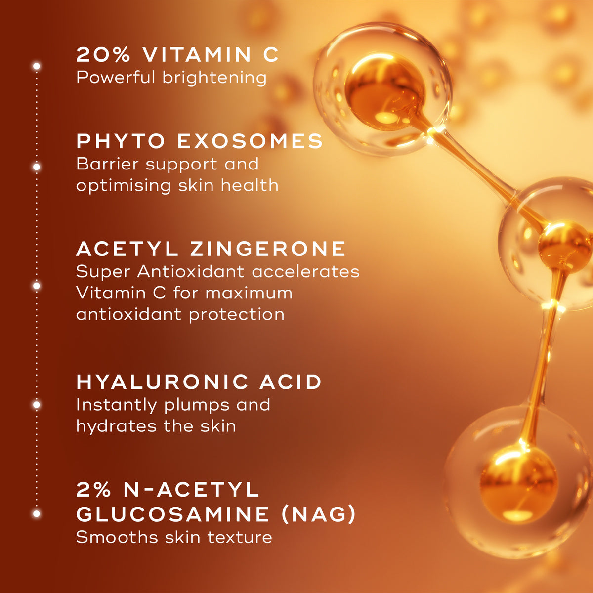 Medik8 C-Tetra Advanced ingredient graphic highlighting vitamin C, phyto exosomes, acetyl zingerone, hyaluronic acid and N-acetyl glucosamine.