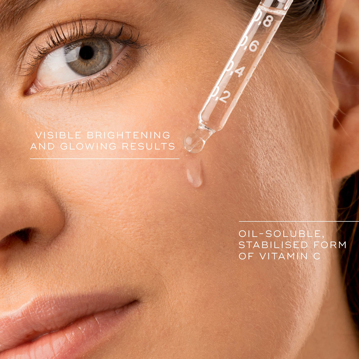 Model with Medik8 C-Tetra serum dispensed onto the cheek beside vitamin C and product benefit captions.