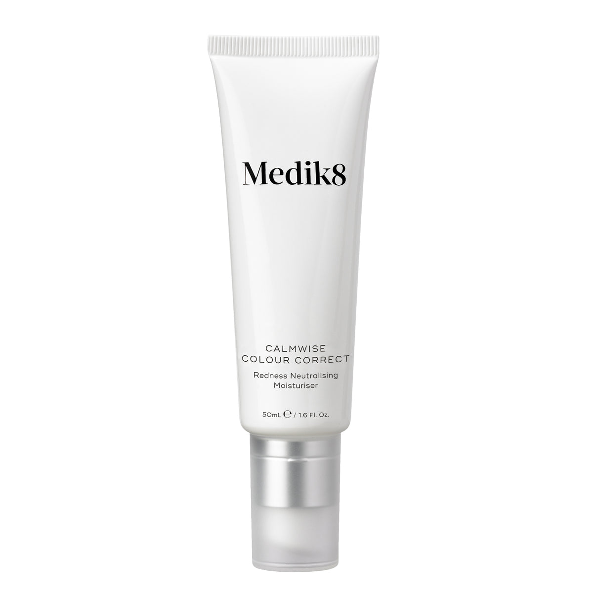 Medik8 Calmwise Colour Correct 50ml redness neutralising moisturiser in a white tube with a silver pump.