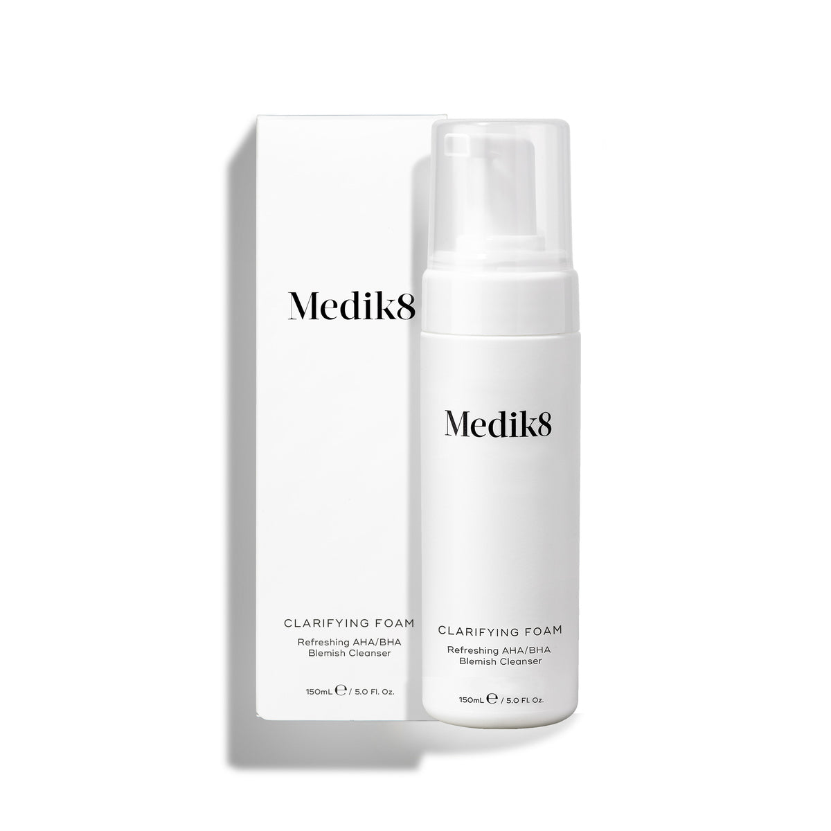 Medik8 Clarifying Foam 150ml white pump bottle beside its matching white carton.