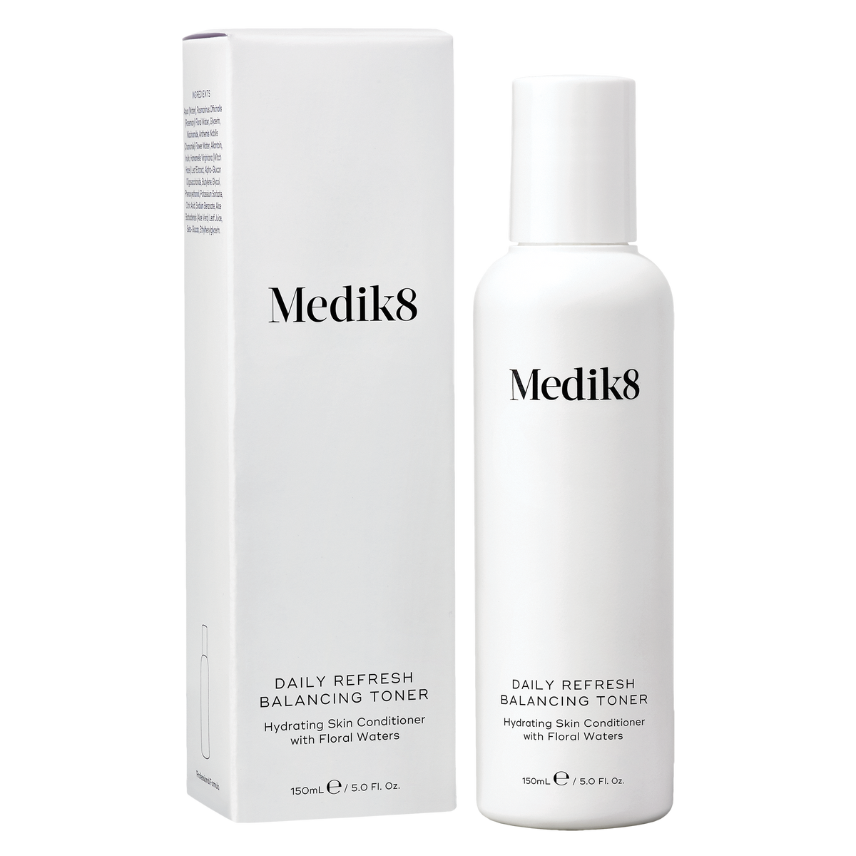 Medik8 Daily Refresh Balancing Toner shown as a white bottle next to its white packaging box on a clean white background.