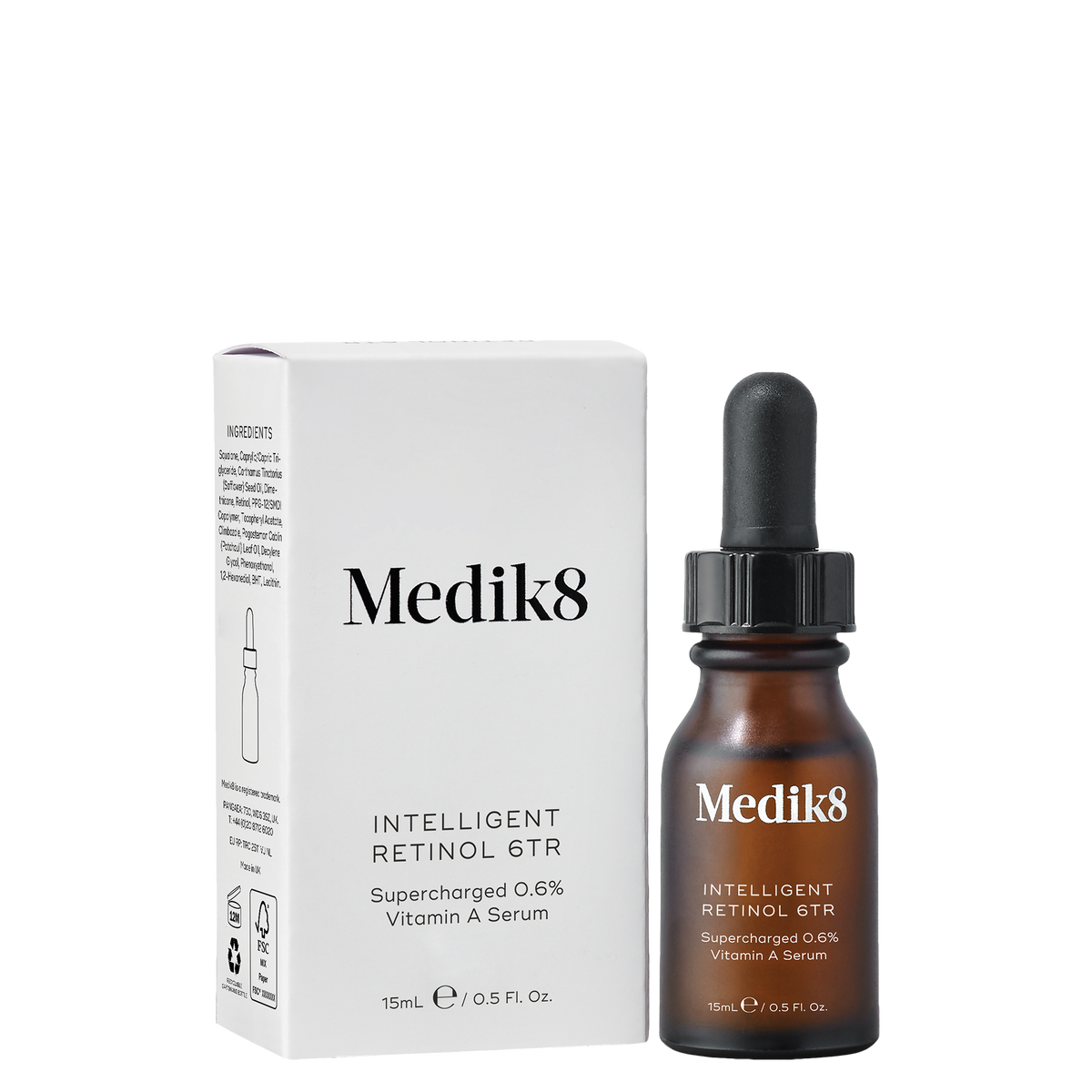 Medik8 Intelligent Retinol 6TR serum bottle displayed beside its carton