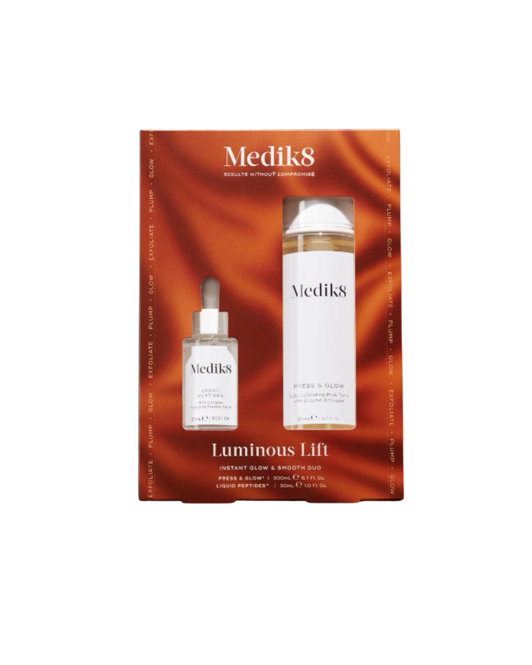 Medik8 Luminous Lift skincare set in a rectangular orange box, containing a small dropper bottle and a larger cylindrical bottle with a clear cap, shown on a white background.