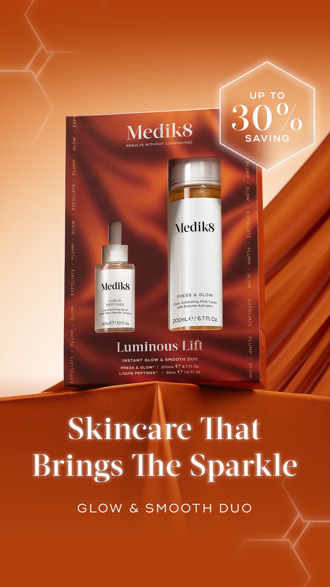 Mediks Luminous Lift Skincare Duo featuring a boxed set with a serum dropper bottle and a larger serum bottle, set against an orange draped background with promotional text and a 'Up to 30% Saving' badge.