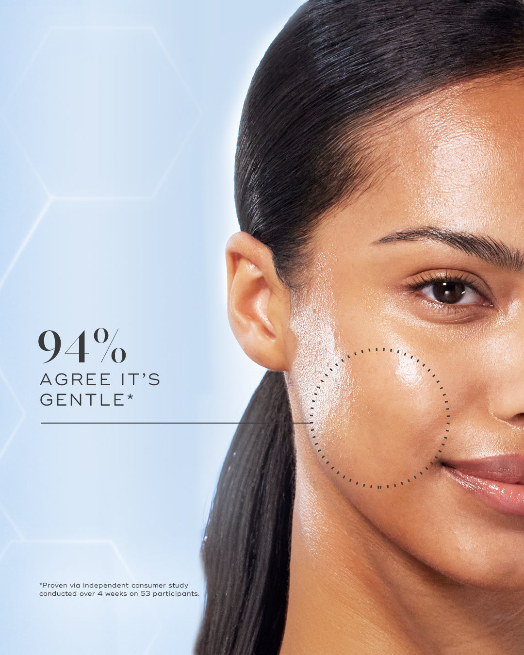 Medik8 Niacinamide Peptides consumer results graphic featuring a model and highlighted cheek area