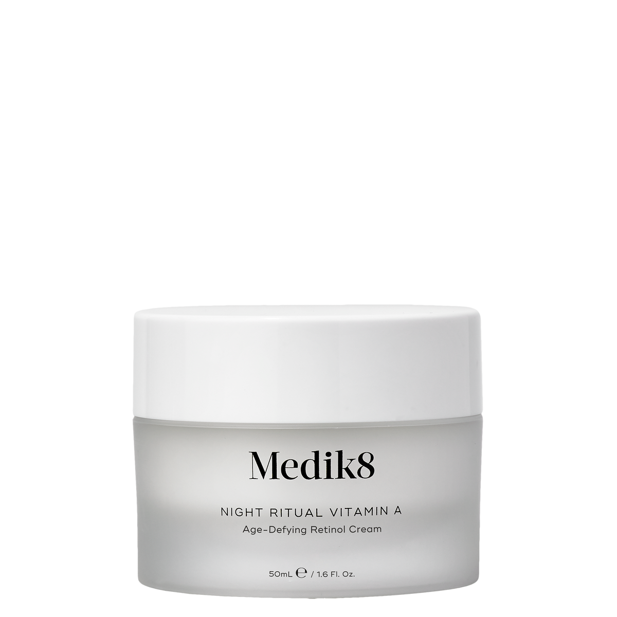A 50ml jar of Medik8 Night Ritual Vitamin A Age-Defying Retinol Cream, featuring a white lid and a frosted gray container with black text, set against a plain white background.
