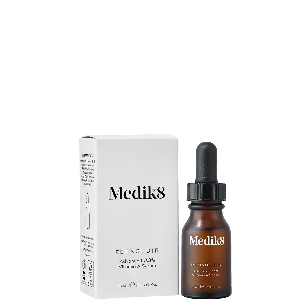 Medik8 Retinol 3TR serum bottle displayed beside its carton