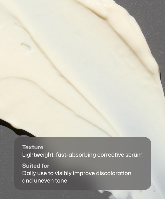 Revision Skincare Advanced Pigment Corrector+ pale serum texture swatch on a grey background with texture information.