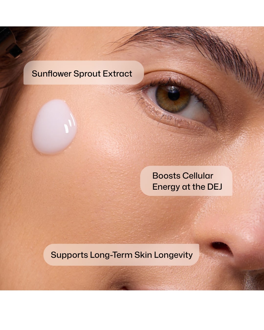Model with Revision Skincare D.E.J Daily Boosting Serum on the cheek beside sunflower sprout extract and product benefit captions.