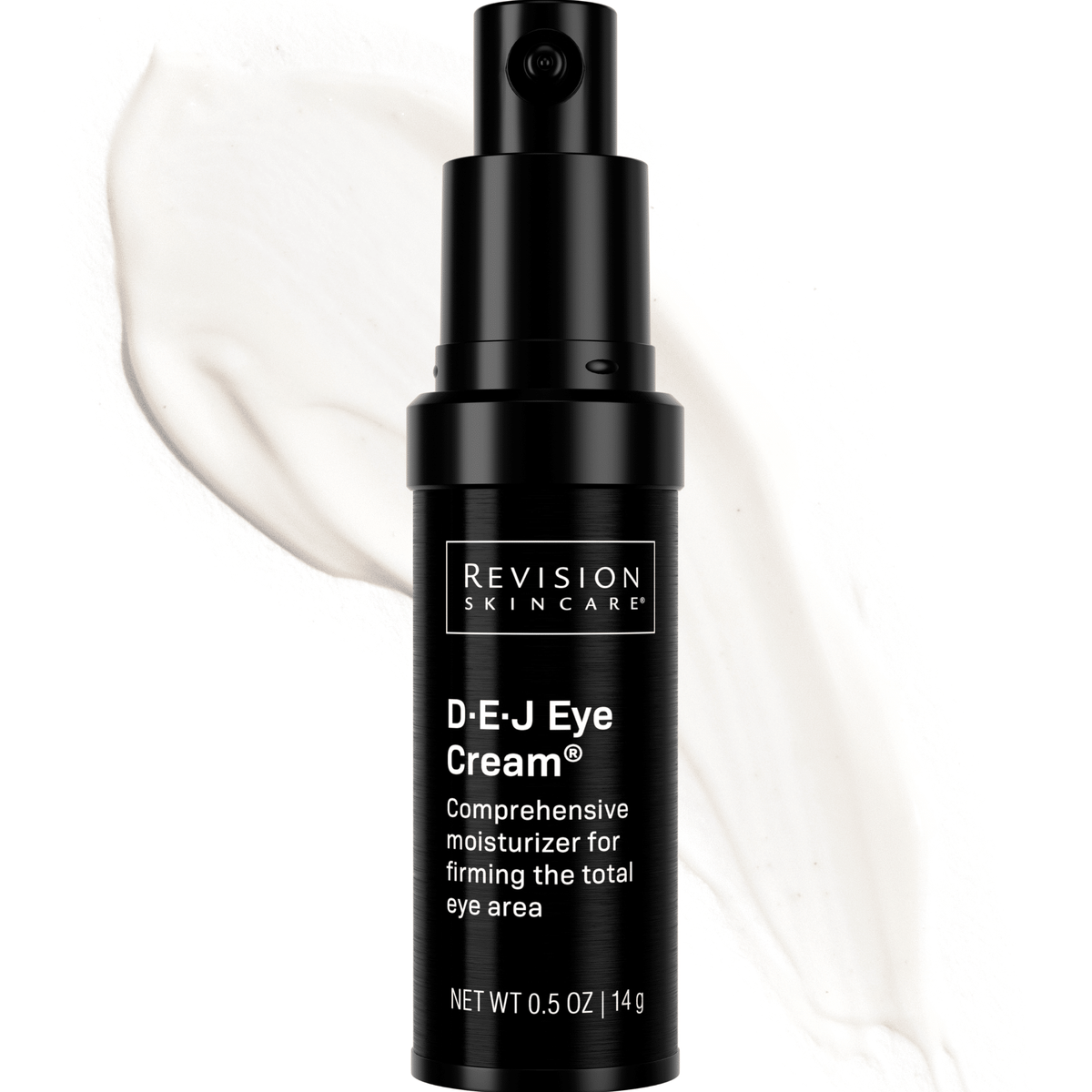 Revision Skincare D.E.J Eye Cream 14g black pump bottle against a white cream texture swatch.