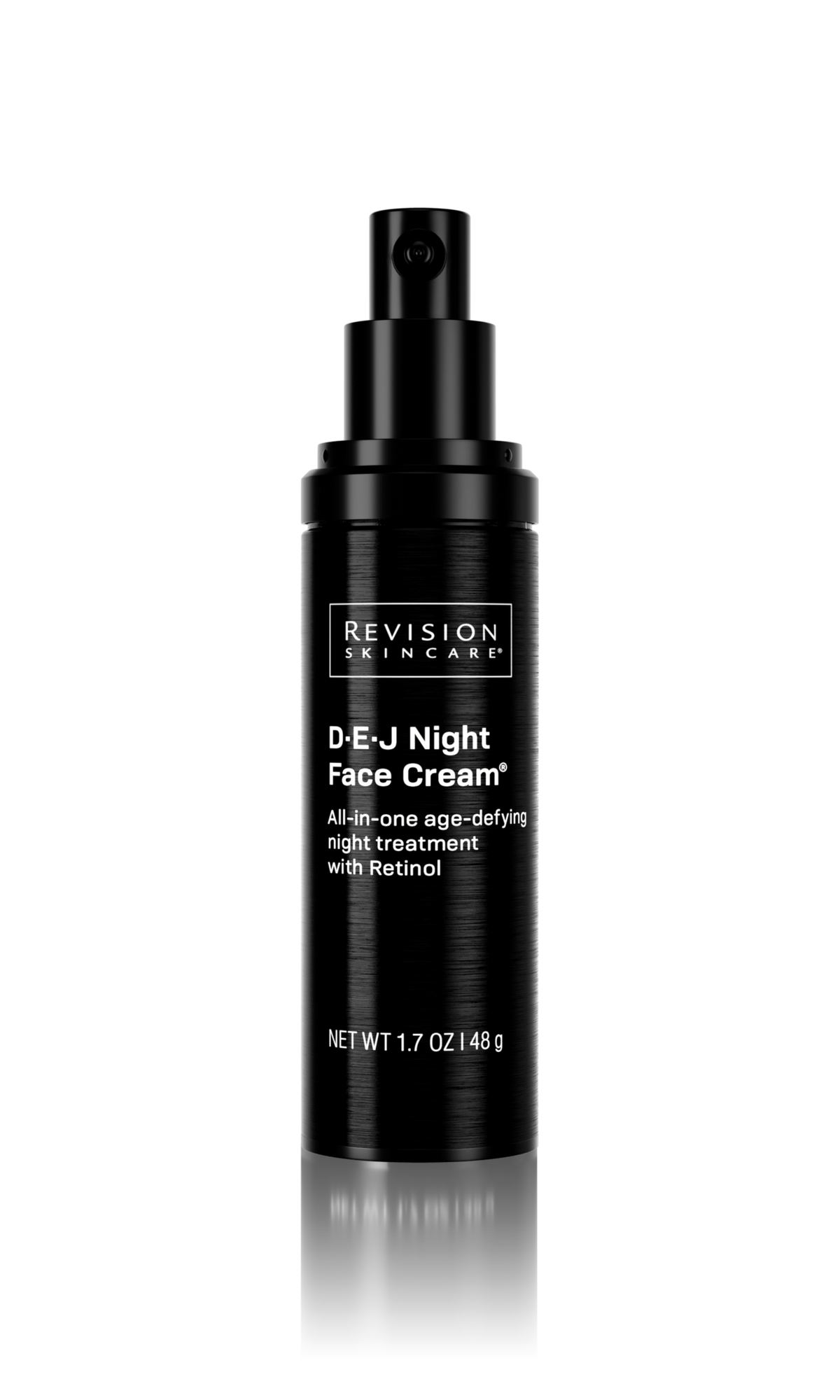 Revision Skincare D.E.J Night Face Cream 48g black pump bottle, front view on a transparent background.