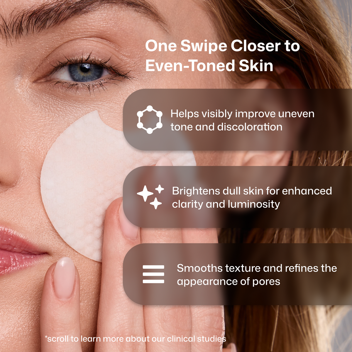 Model holding a Revision Skincare Tone+ Correcting Pad beside a caption about brightening, smoothing and visibly refining pores.