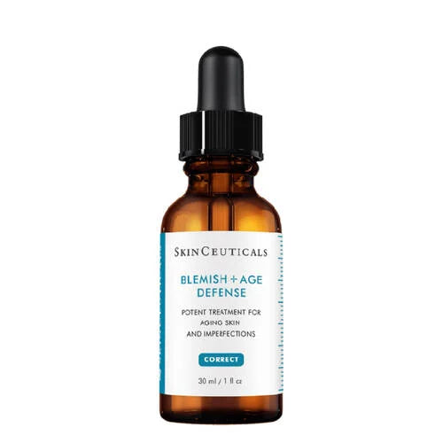 SkinCeuticals Blemish + Age Defense serum in an amber glass dropper bottle.