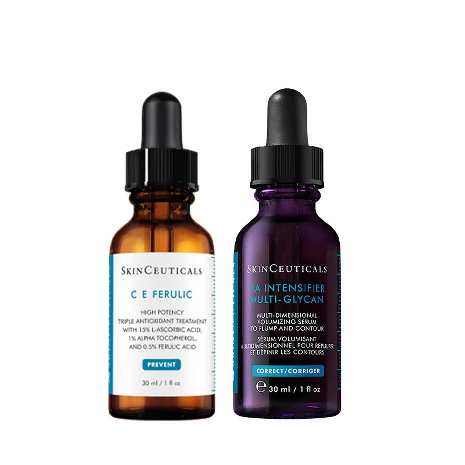SkinCeuticals C E Ferulic 30ml and H.A. Intensifier Multi-Glycan 30ml serum bottles on a white background.