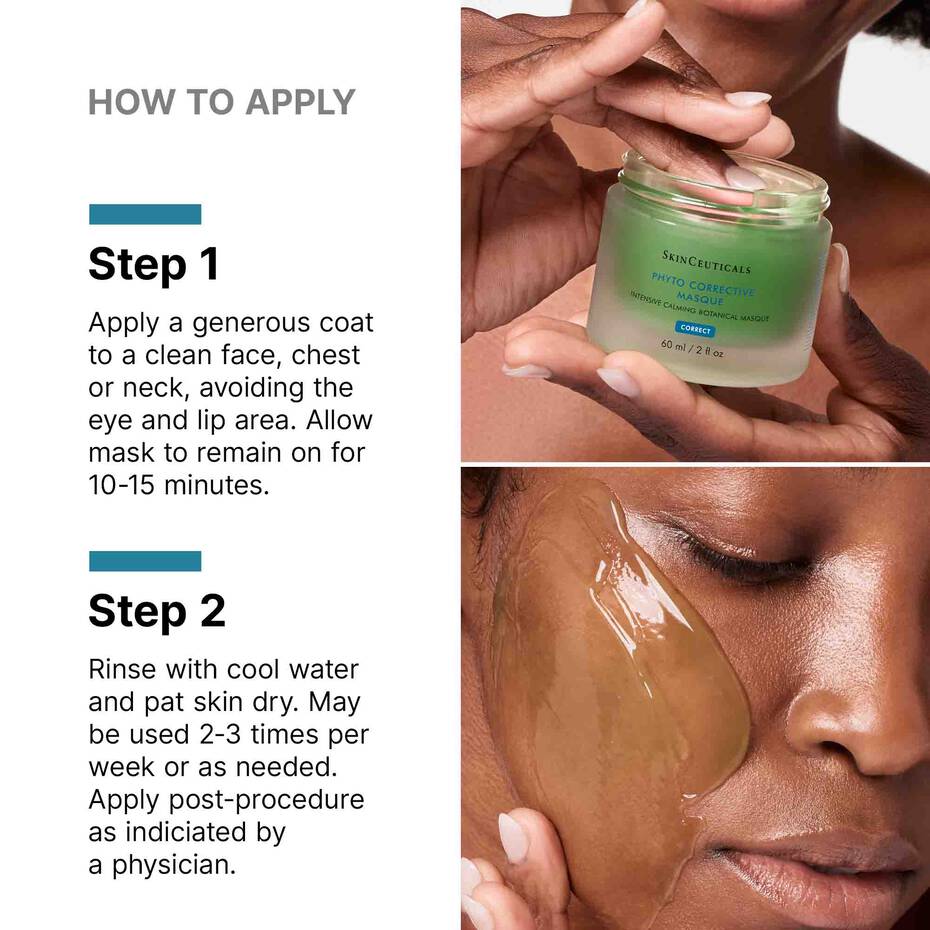 SkinCeuticals Phyto Corrective Masque application guide showing the gel mask applied to the face.