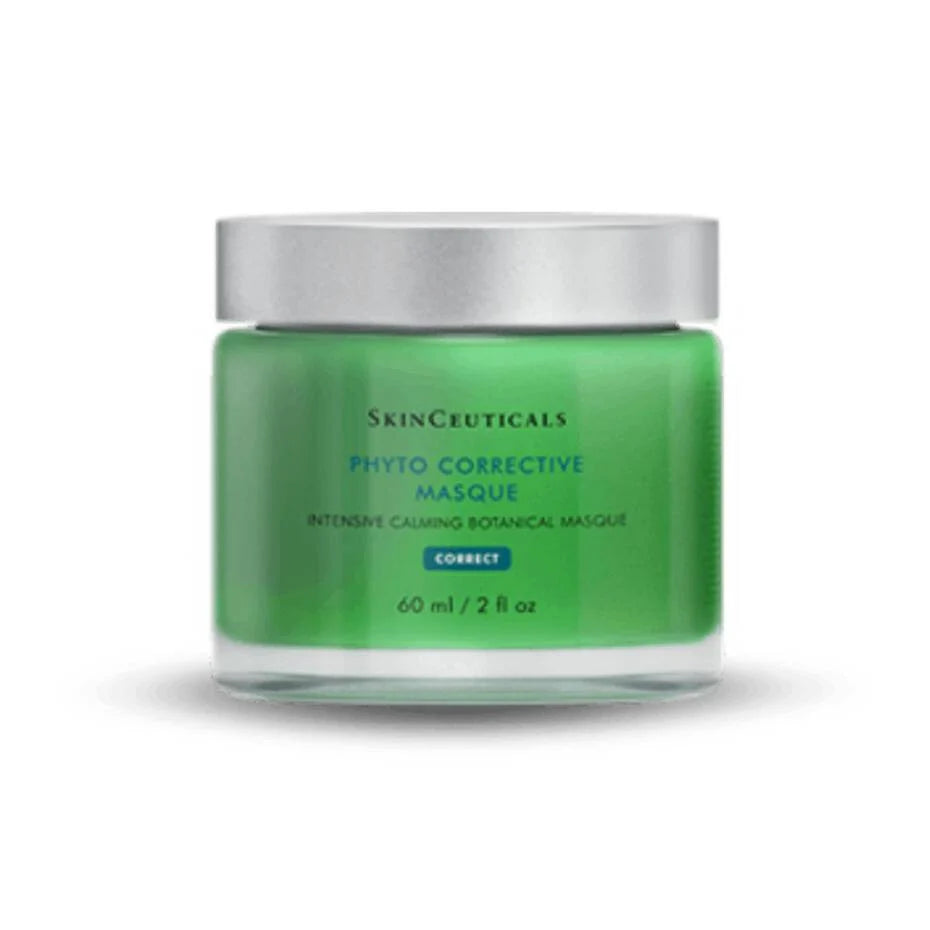 SkinCeuticals Phyto Corrective Masque green gel mask in a jar with a silver lid.