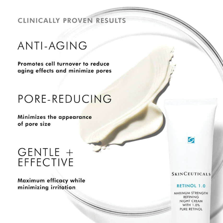 SkinCeuticals Retinol 1.0 tube and cream swatch beside captions about ageing, pores and formulation.