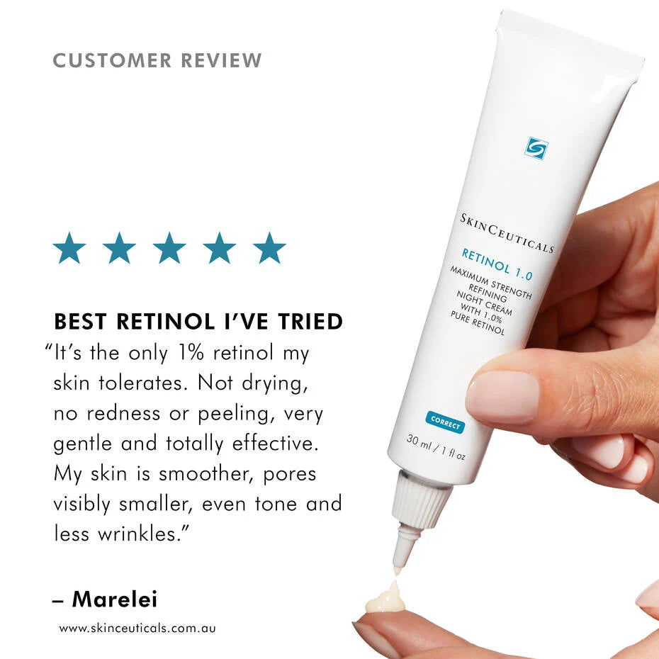 SkinCeuticals Retinol 1.0 customer review graphic with five stars and a hand dispensing cream from the tube.