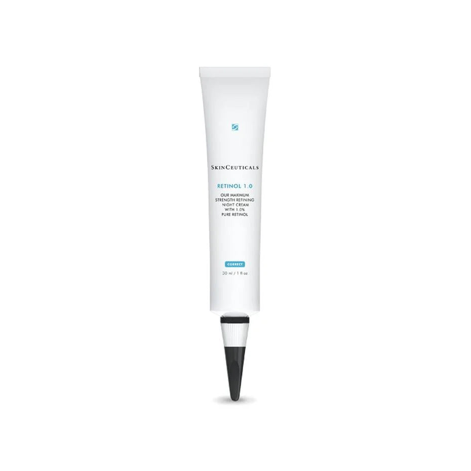 SkinCeuticals Retinol 1.0 30 ml white tube with the cap removed, displayed on a white background.
