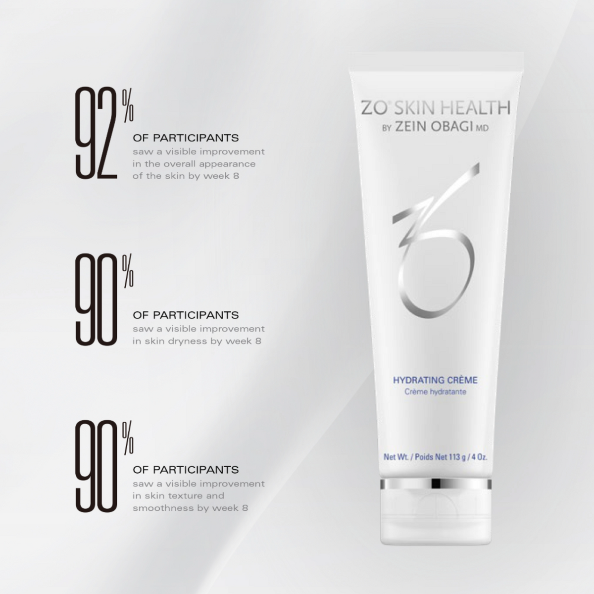 ZO Skin Health Hydrating Crème tube with clinical study percentages