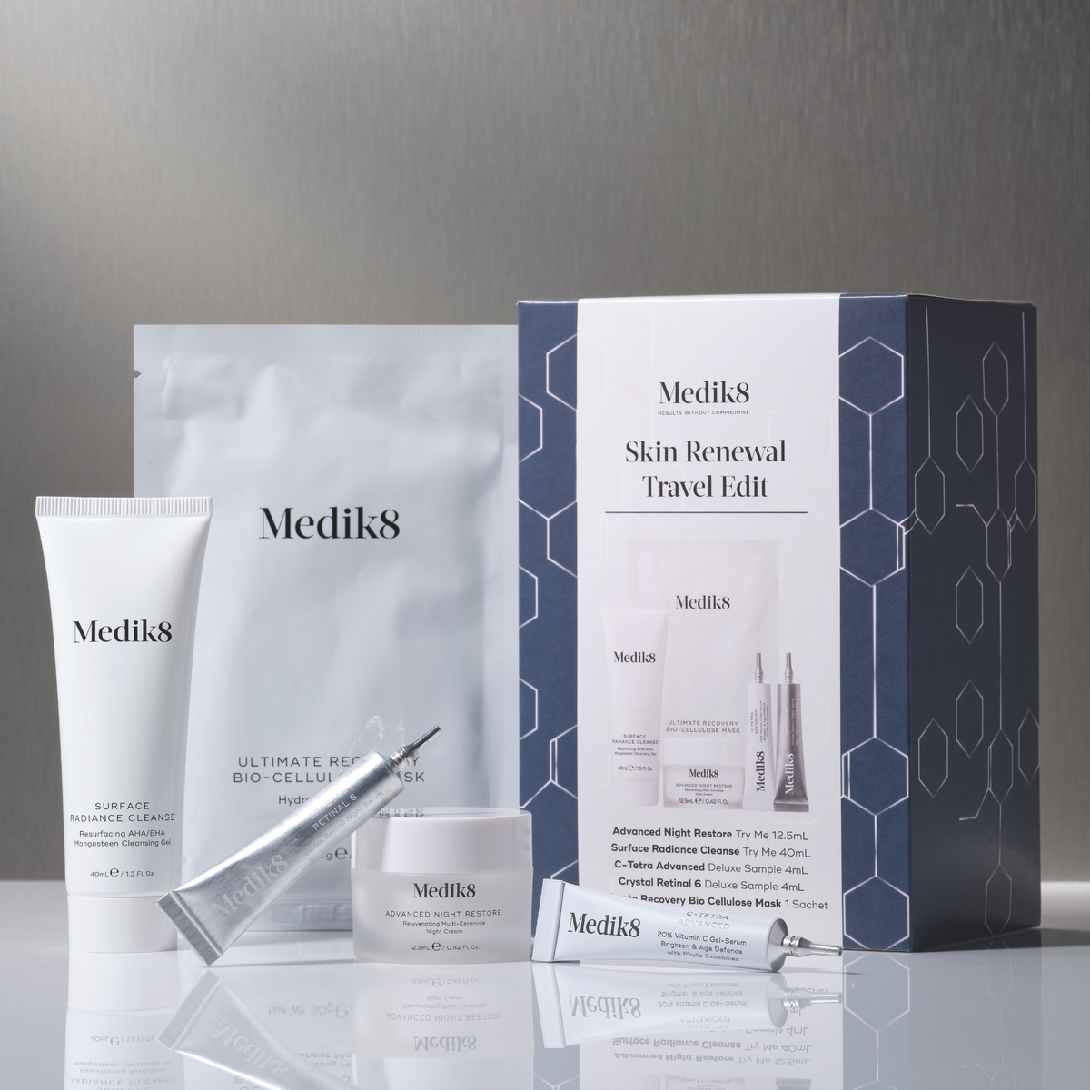 Medik8 Skin Renewal Travel Edit gift set of travel-size renewal essentials